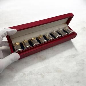 Cartier Sterling Silver Salt & Pepper Shakers Set – Gilt Lids – With Box